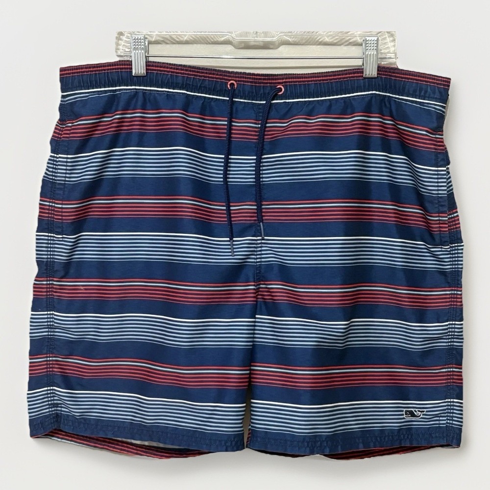 Vineyard Vines Swim Trunks‎ Men L Blue Red Striped Mesh Lined Pockets Preppy